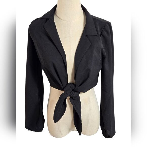 HAVE Black Sheer Cropped Tie Front Blazer Shirt - Picture 1 of 7